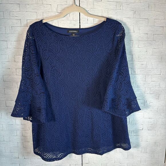 Roz & Ali navy blue lace overlay blouse Bell sleeve bohemian feminine plus siz
￼ - Picture 1 of 9